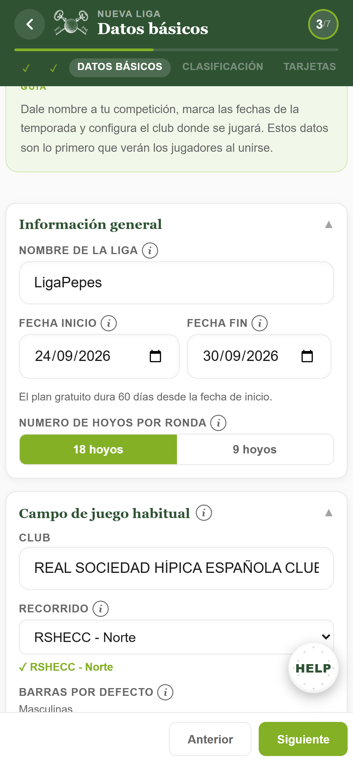 Configuración de clasificación y hándicap